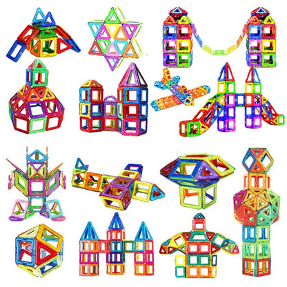 Exemples de constructions en pièces magnétiques multicolores : maisons, pont, avions, personnages et formes géométriques .