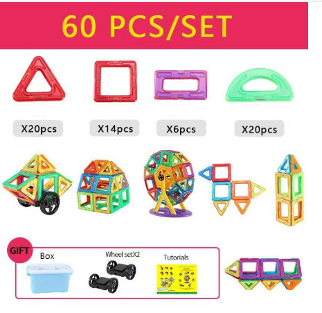  Présentation du jeu magnétique de 60 pièces avec les formes, les quantités, des exemples de constructions et les accessoires illustrés .