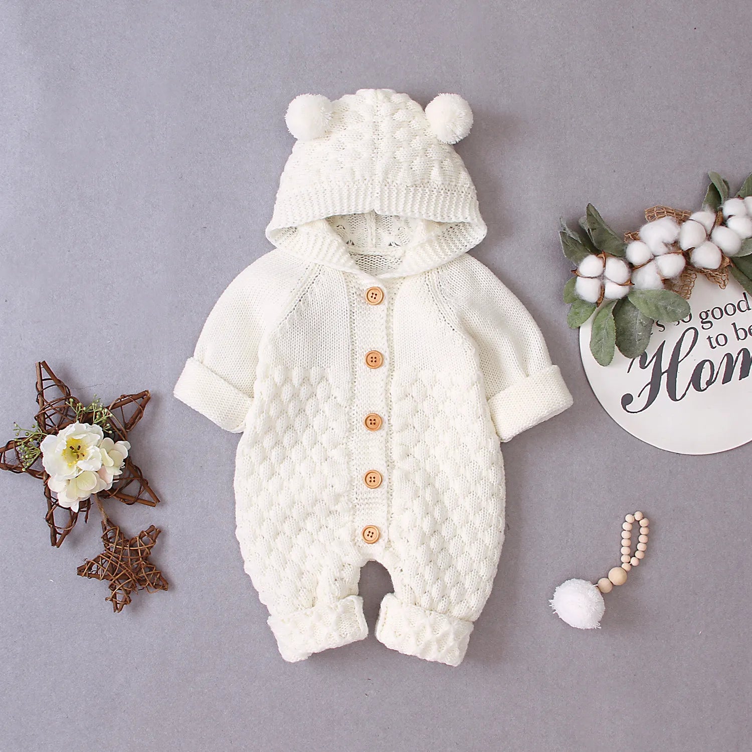 Combinaison tricotée bébé à capuche oreilles ourson blanc crème