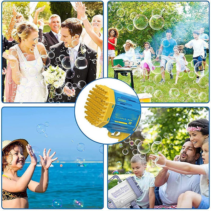 Montage du pistolet à bulles bleu et jaune avec des scènes de mariage, de jeux au jardin et de moments en famille parmi les bulles .