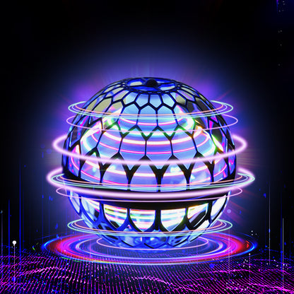 Balle volante LED bleue avec des anneaux lumineux multicolores et un halo violet sur fond sombre.