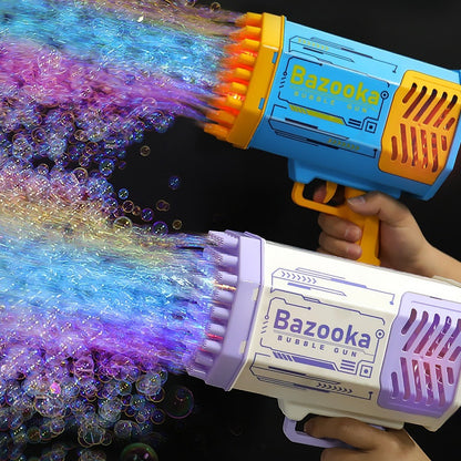  Deux pistolets à bulles, bleu et jaune puis blanc et violet, diffusant des bulles avec des effets lumineux colorés .