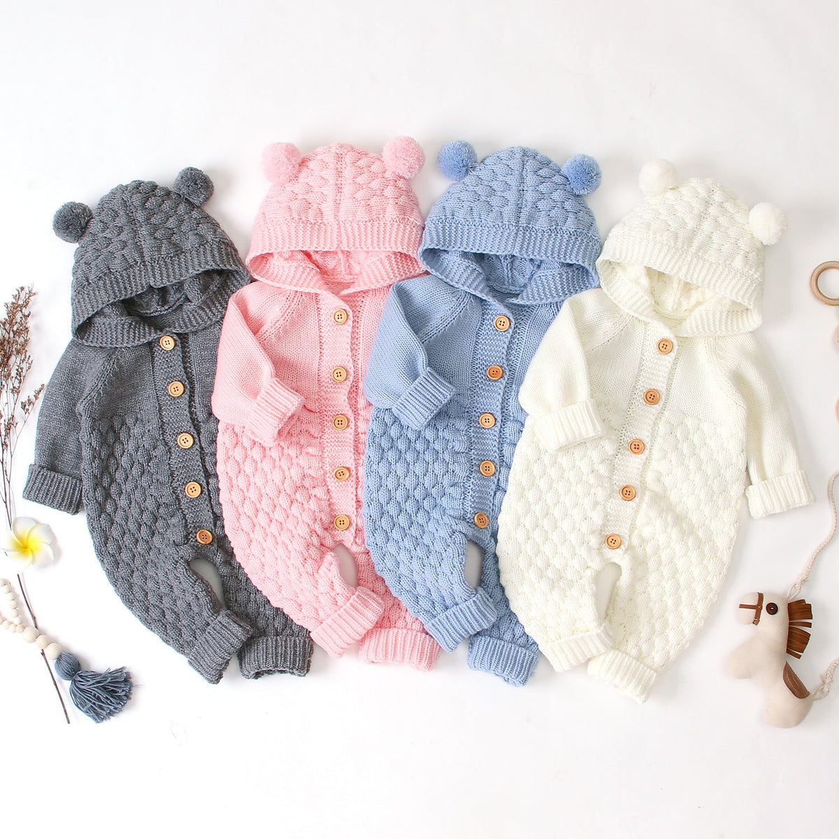 Combinaison Tricotée à Capuche Oreilles Ourson – Douceur & Chaleur dès la Naissance - Binoubabyshop