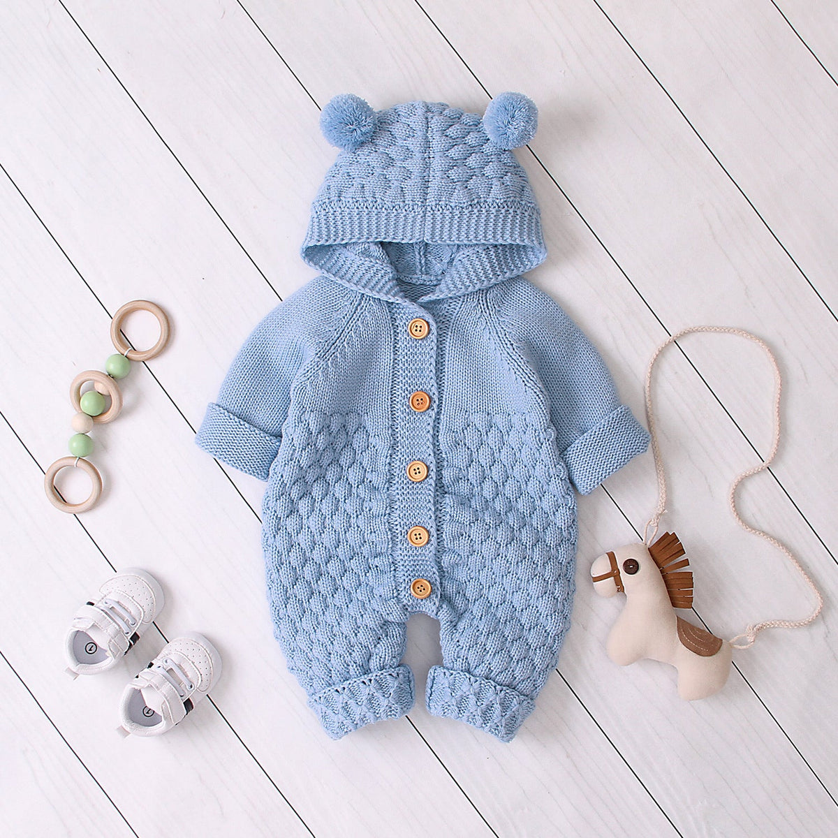 Combinaison Tricotée à Capuche Oreilles Ourson – Douceur & Chaleur dès la Naissance - Binoubabyshop