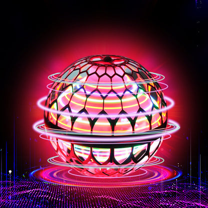 Balle volante LED rouge avec des anneaux lumineux multicolores et un halo rose sur fond sombre.