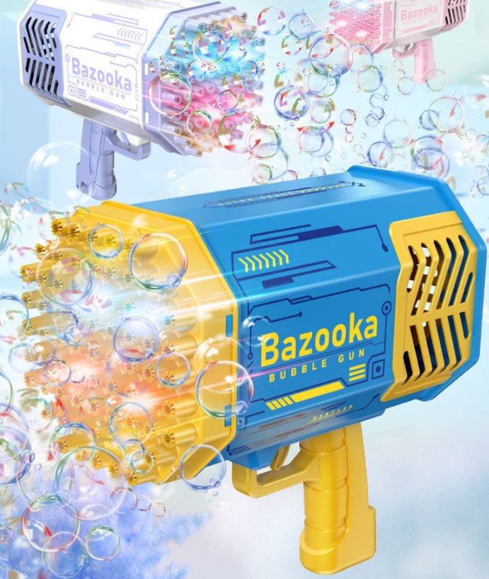  Pistolet à bulles bleu et jaune entouré de bulles, avec d’autres modèles en arrière-plan .