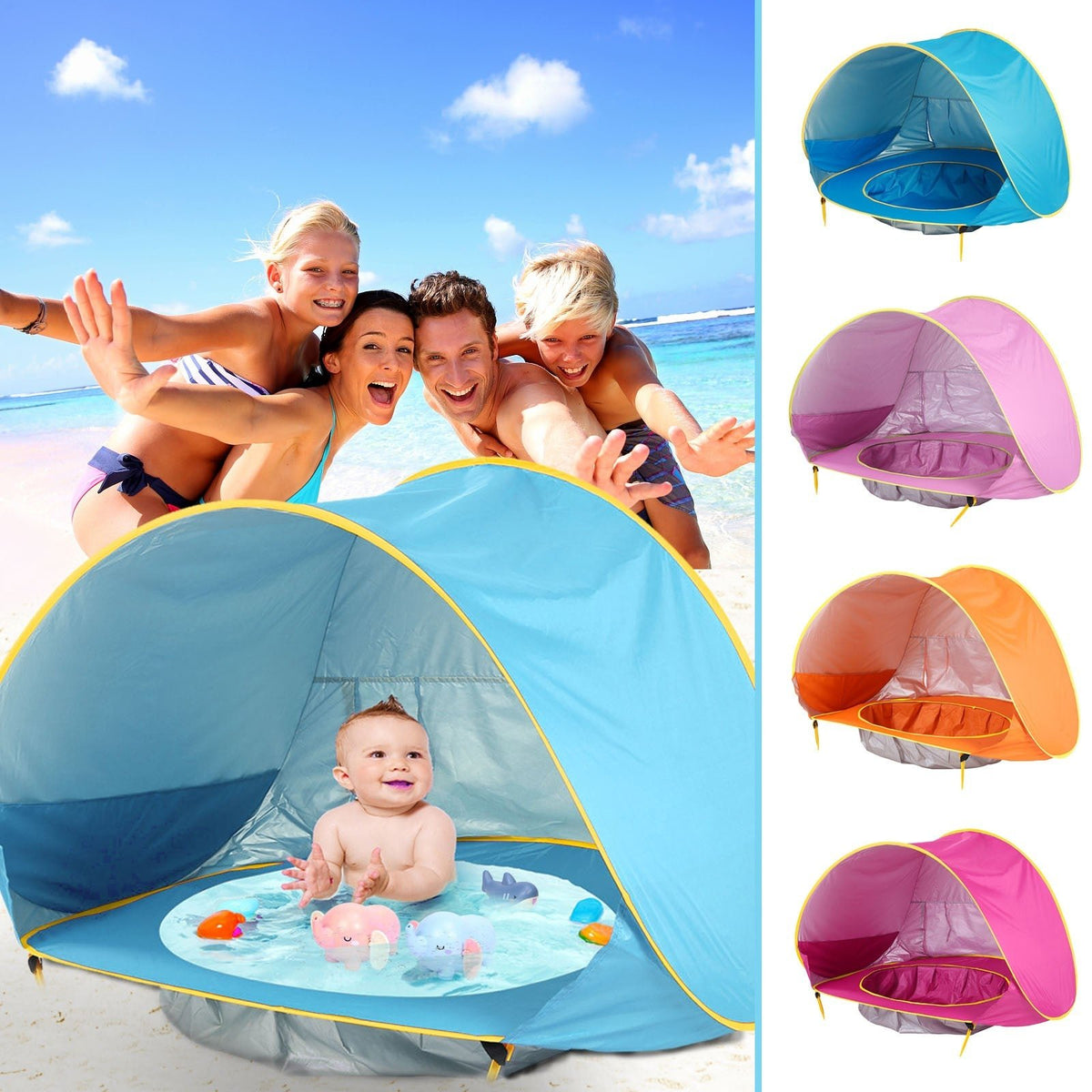 Tente de Plage Bébé  avec Mini‑Piscine. coloris présentés ensemble 